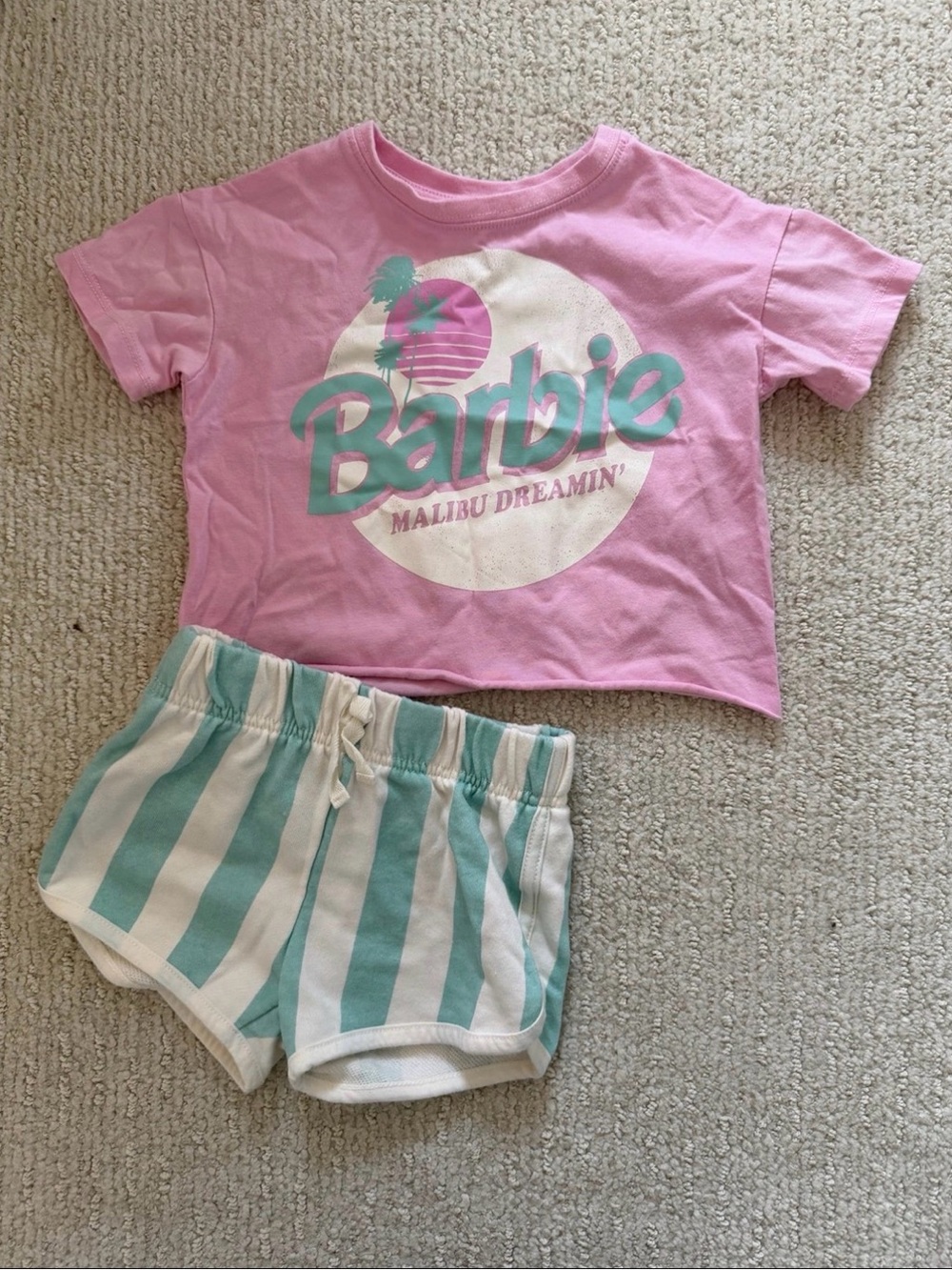 Barbie Pink Tee with Mint & White Striped Shorts Set